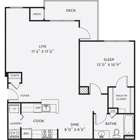 Floor plan for 1 bed, 1 bath, 859 sqft